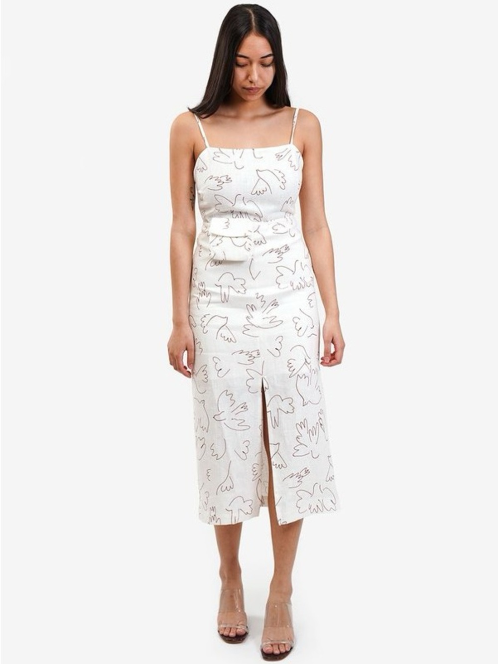 Paloma Wool Museo Paloma Linen Midi Dress White Bird Print 36 NWOT